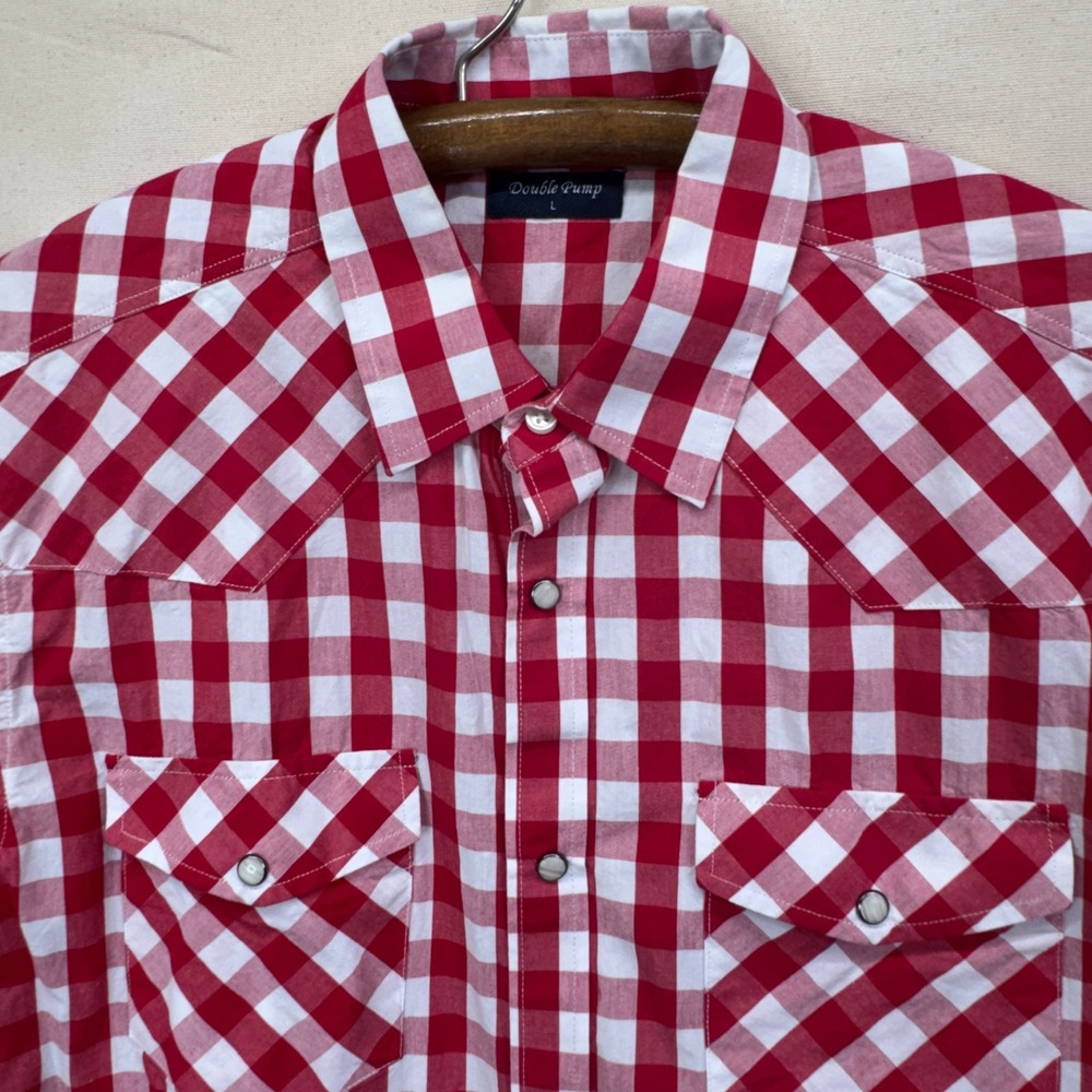 Double Pump Western Shirt Large Red White Gingham Pearl Snap Short Sleeve Cowboy